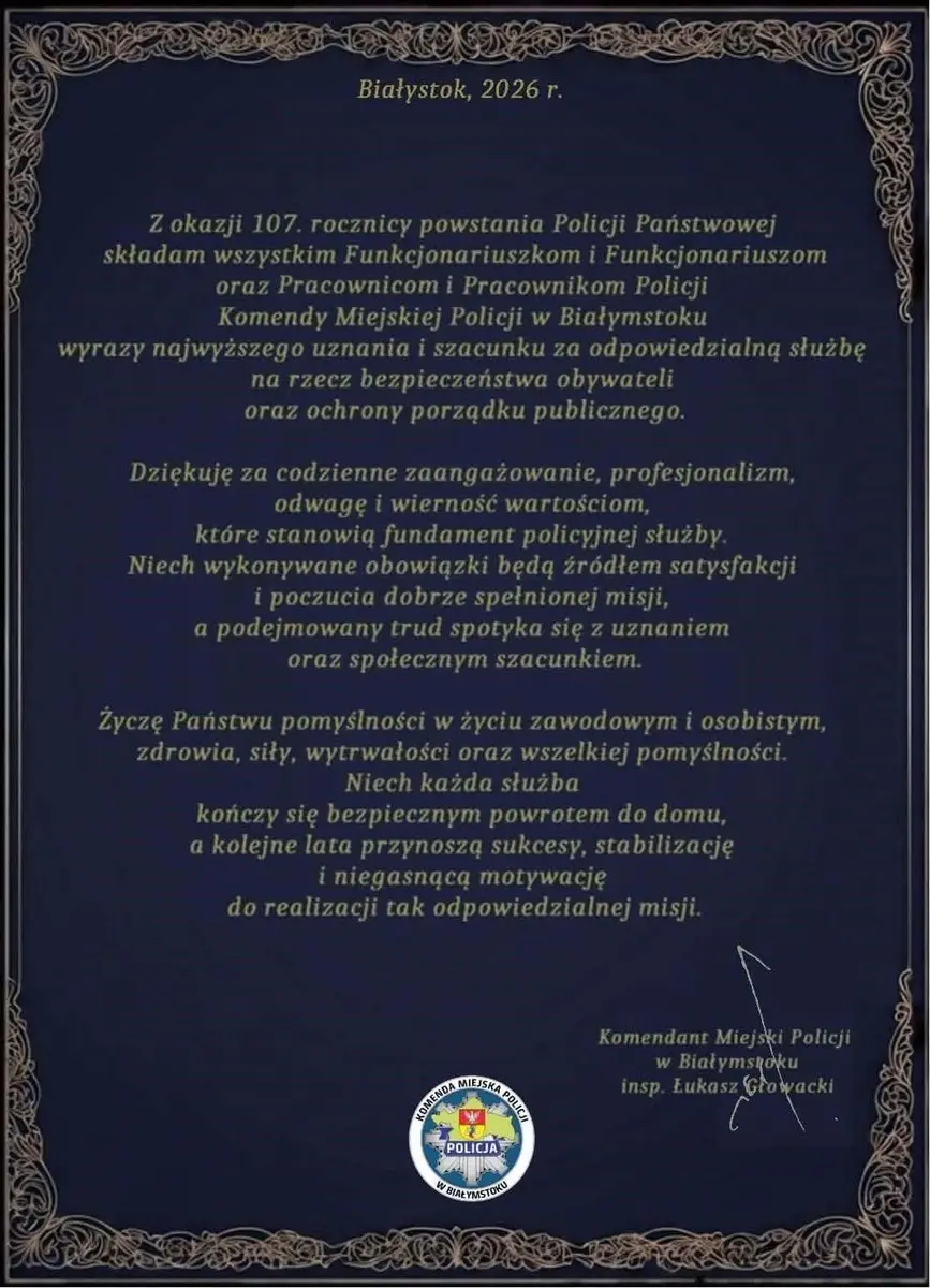 Życzenia z okazji Święta Policji od Komendanta Miejskiego Policji w Białymstoku