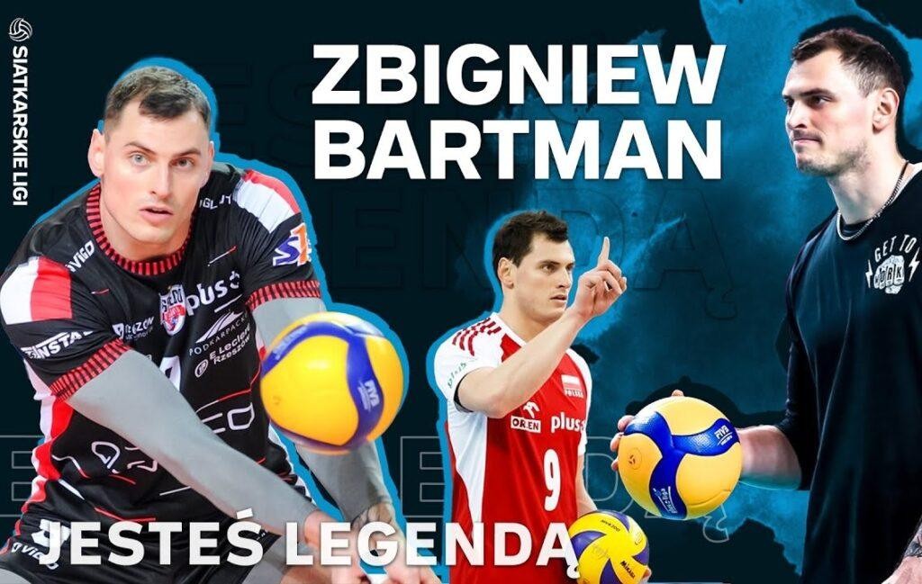Zbigniew Bartman w akcji podczas meczu siatkówki, wykonujący atak lub odbiór.